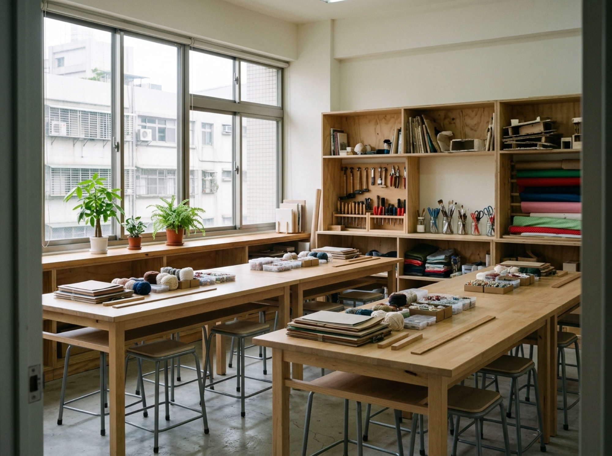 手作工作室的教室，長木桌與工具牆，桌上攤著材料，窗邊採光