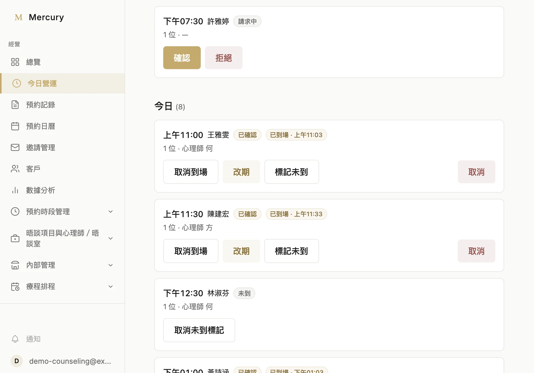 心理諮商的今日營運畫面：今天的晤談依時間排列