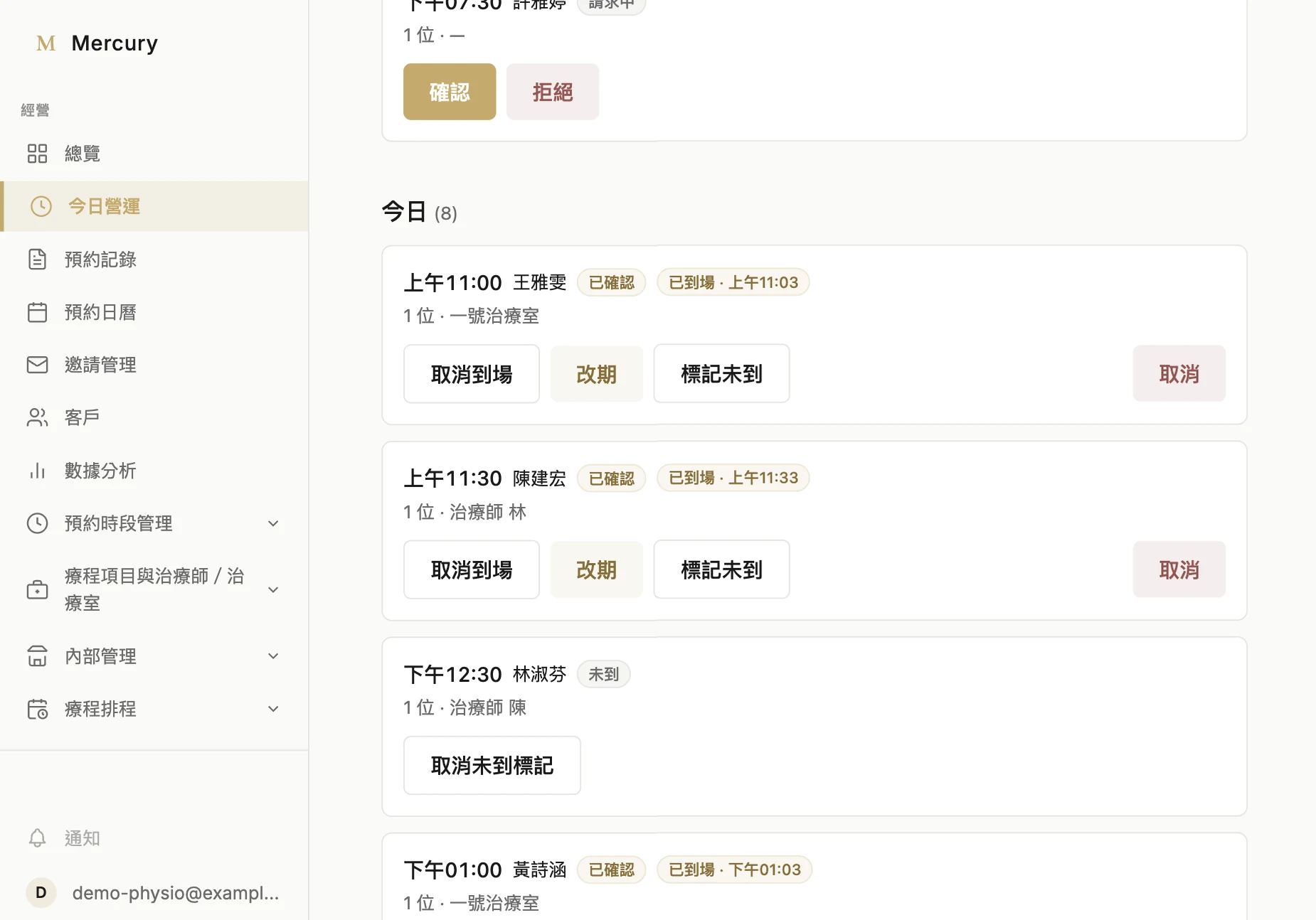 物理治療的今日營運畫面：今天的預約依時間排列，看得到療程項目與治療師