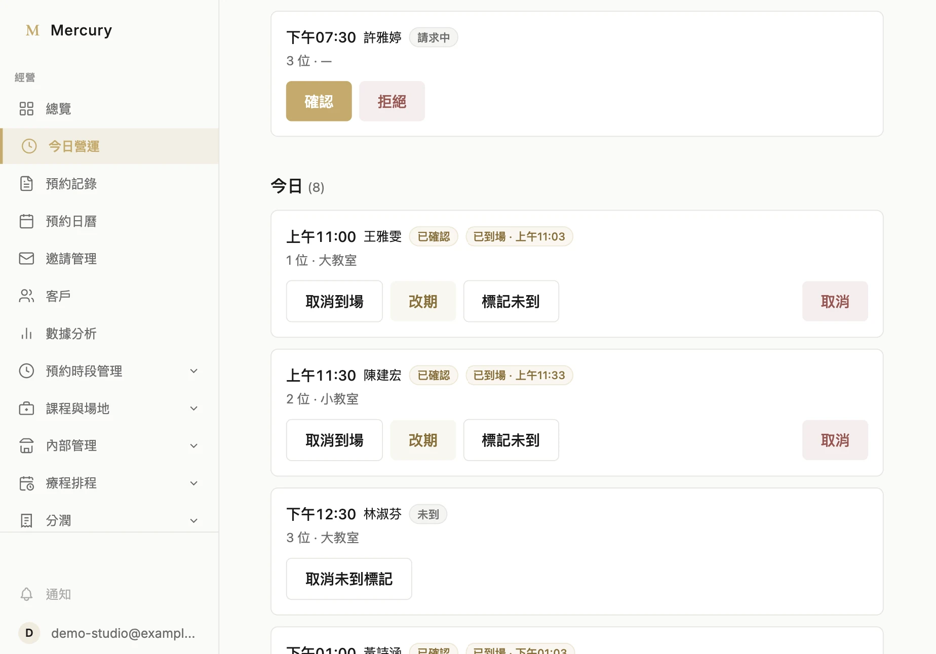 工作室的今日營運畫面：今天的課程依時間排列，看得到報名人數