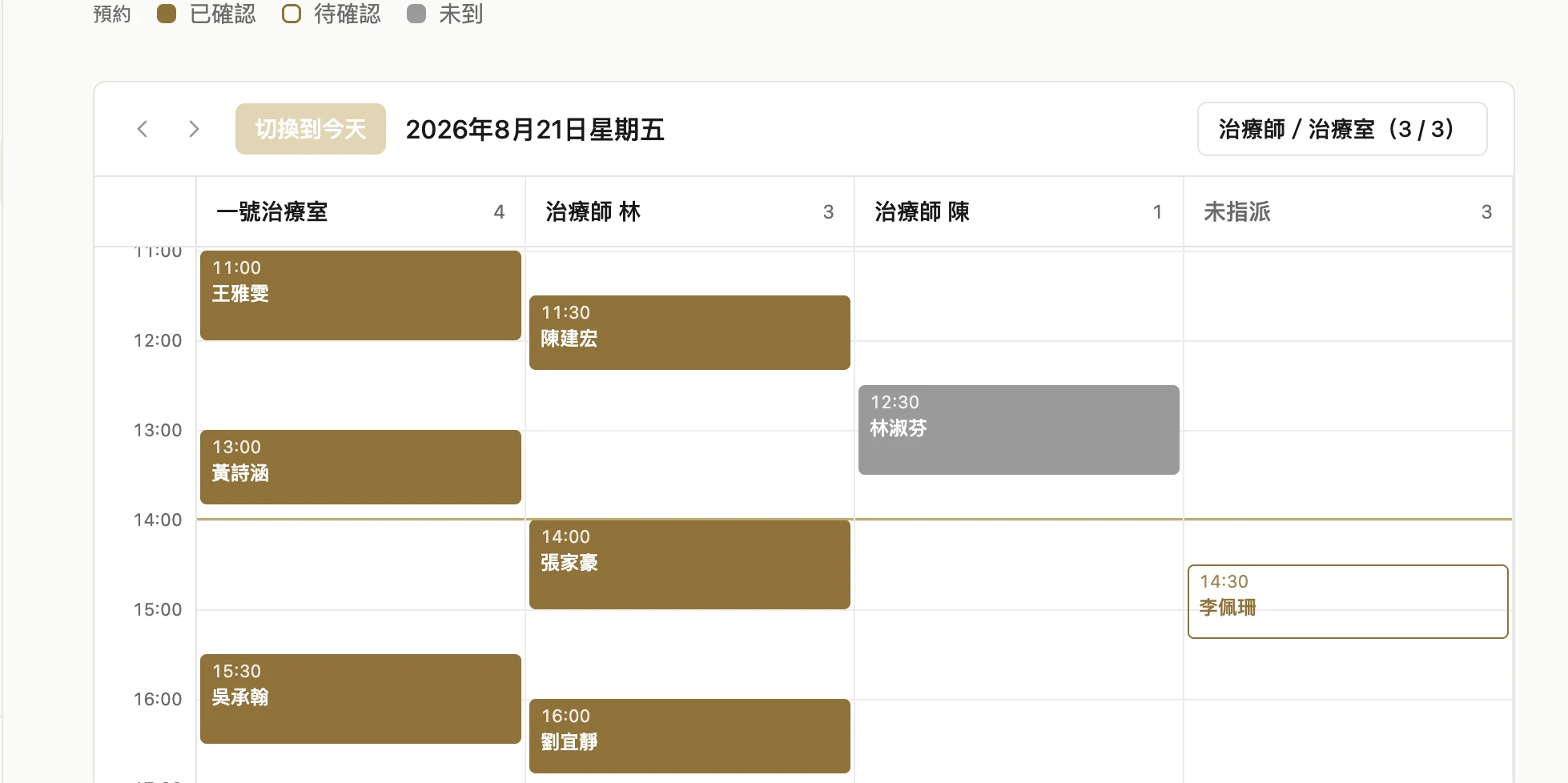 物理治療的預約日曆日視圖：每位治療師一欄，預約依時間排在欄位裡