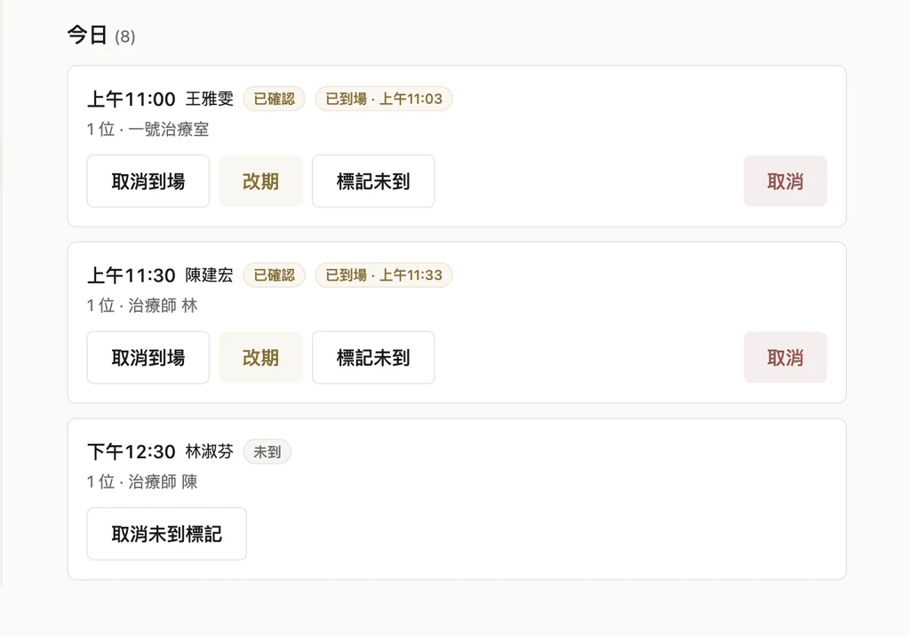 今日營運的一列：時間、姓名、療程項目、治療師與該列的操作按鈕