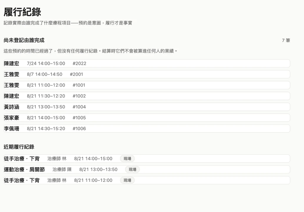服務履行紀錄：這一次實際做了哪些項目、由誰執行
