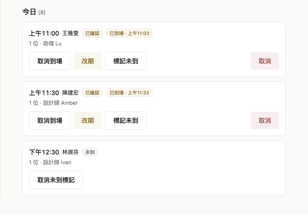 今日營運的一列：時間、姓名、服務項目、設計師與該列的操作按鈕