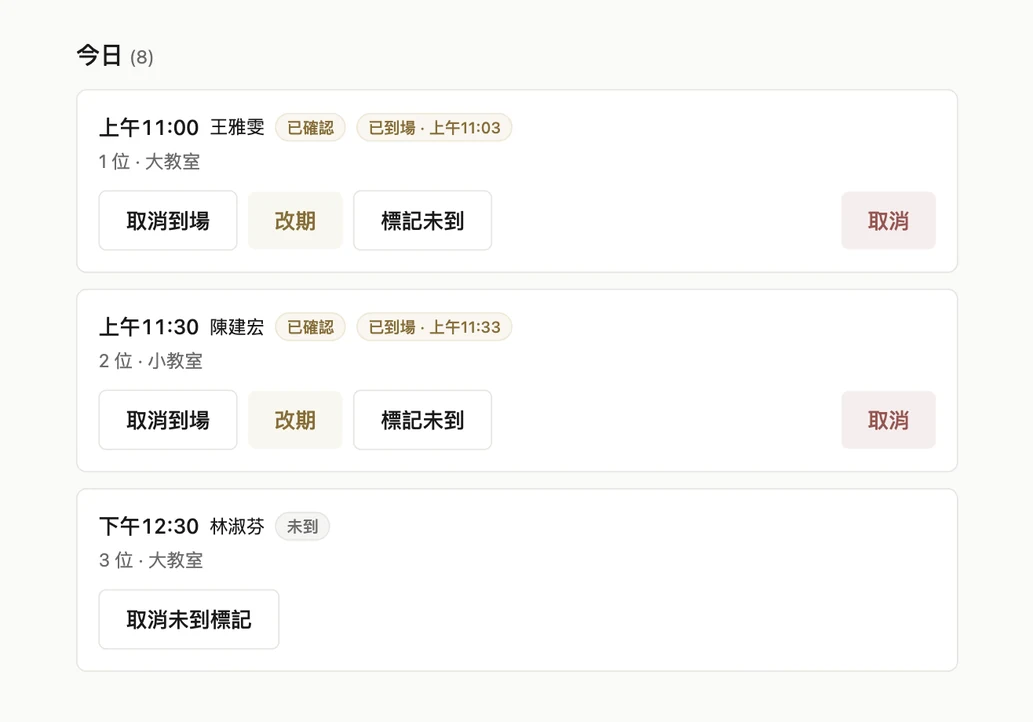 今日營運的一列：時間、課程、場地、報名人數與該列的操作按鈕