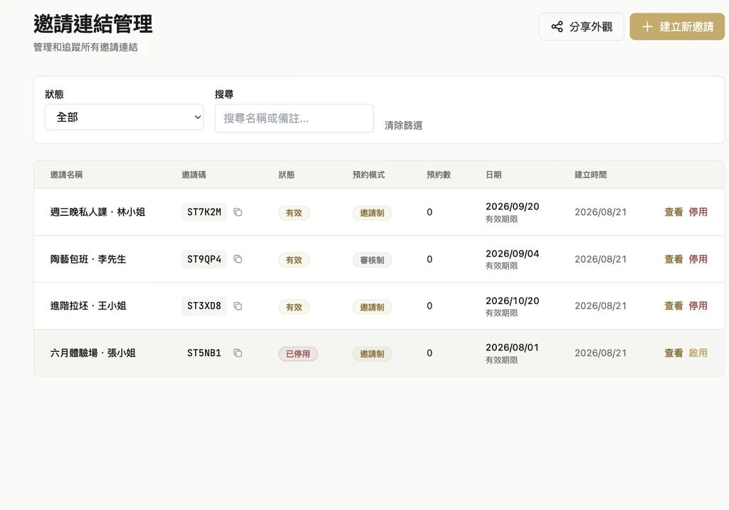 邀請管理畫面：一位學員一條專屬預約連結與其狀態